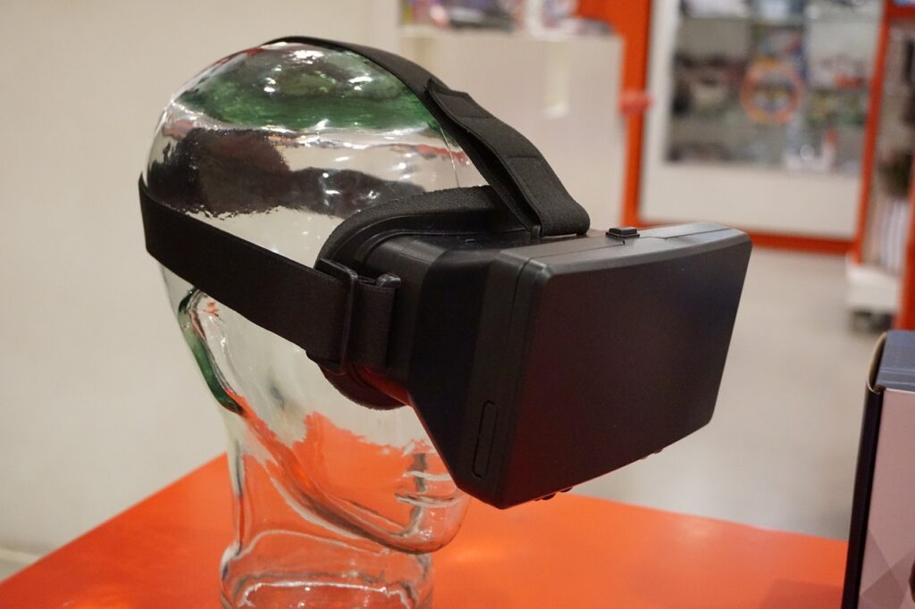 A VR headset on display at an event.