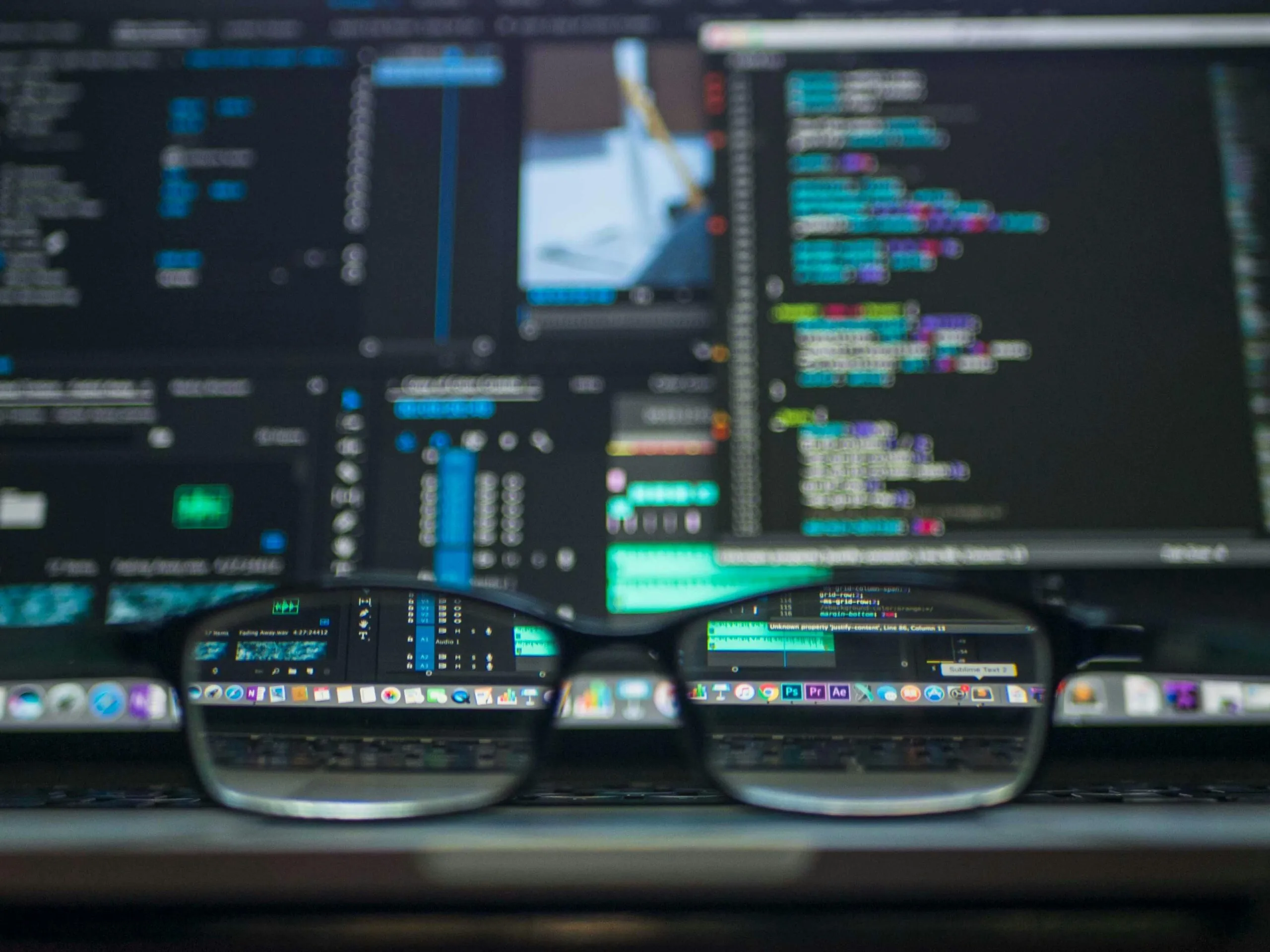 Computer code reflected through eyeglasses, representing focused data analysis for informed event decision-making.